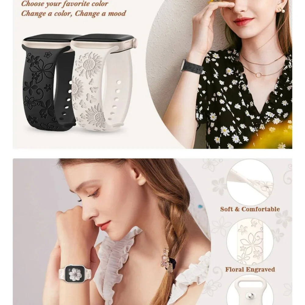 EOMTAM 6 Pack Floral Engraved Silicone Bands Compatible for Apple Watch